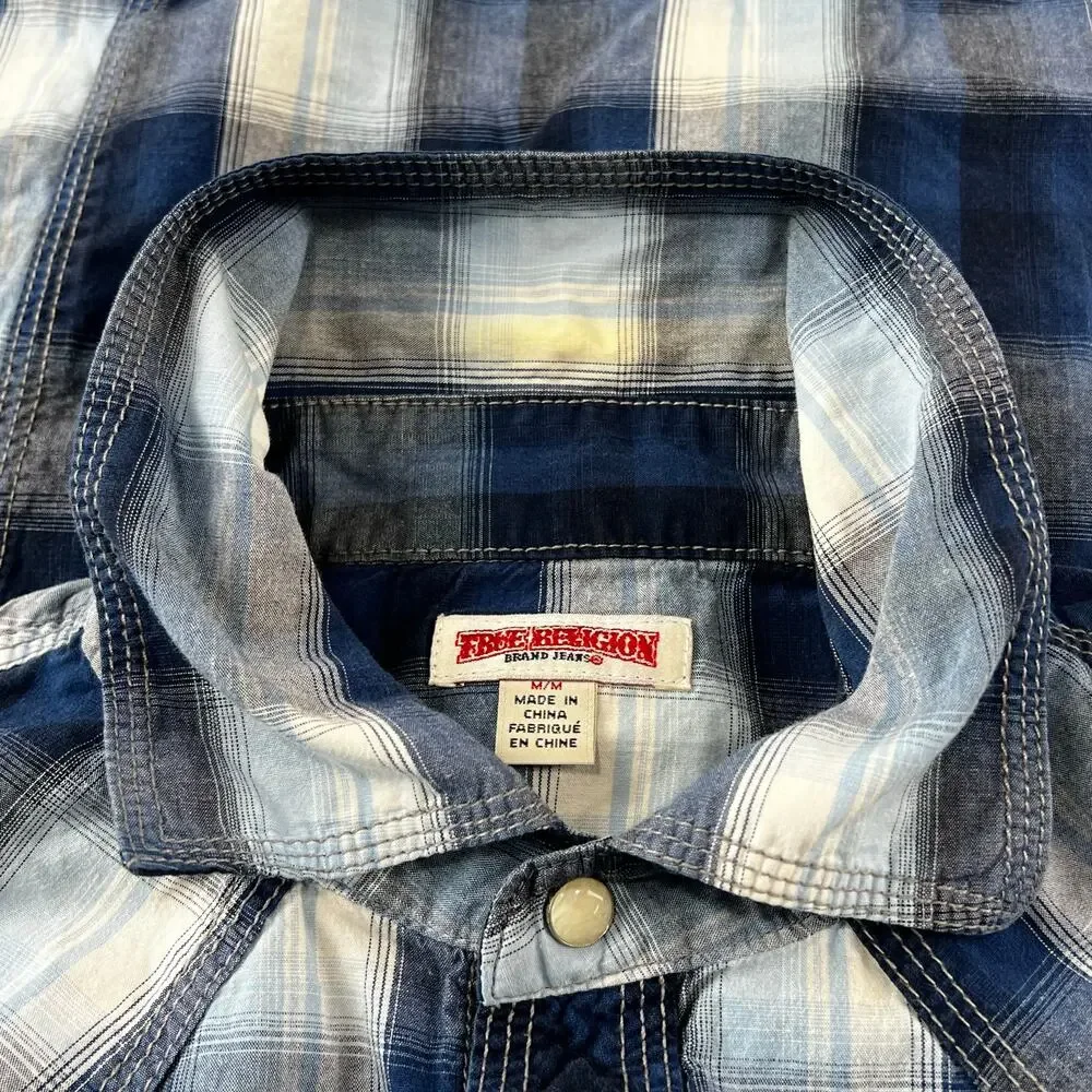 True Religion Blue plaid pearl snap western button down shirt men’s size Medium